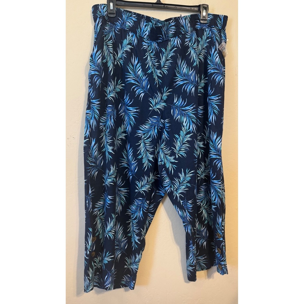 Croft & Barrow Crop Pants Women 2X Navy Blue Tropical Palm Leaf Mid-Rise NEW